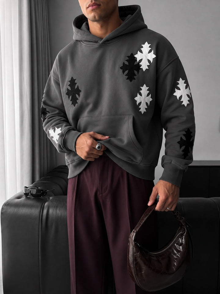Oversize Gothic Cross Hoodie - Anthracite