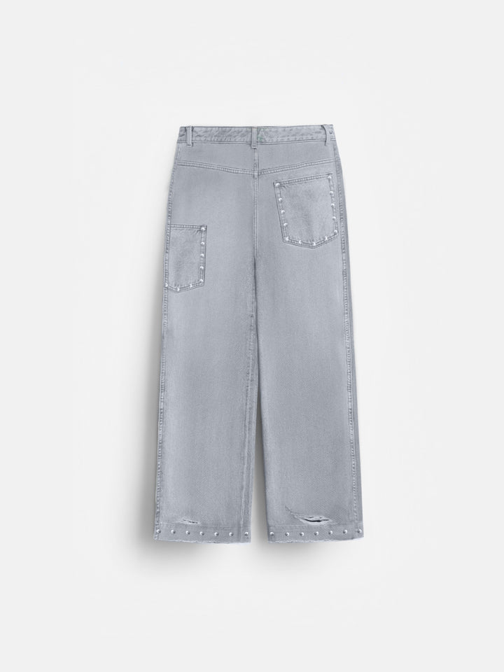 Baggy Patches Rivets Jeans - Grey