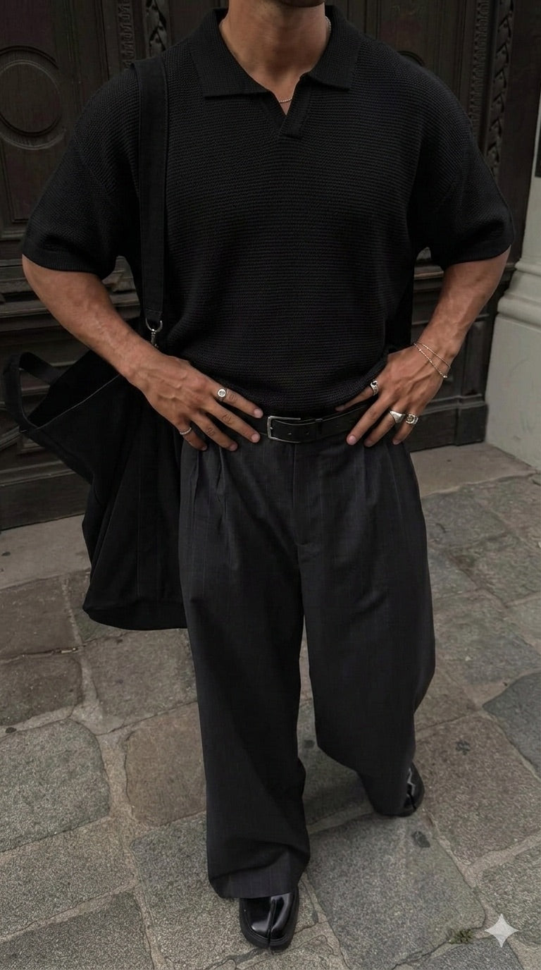 Oversize Collar Ribbed Knit T-Shirt - Black