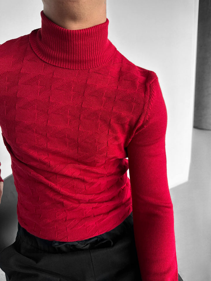 Collar Details Pattern Pullover - Red