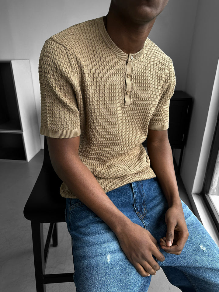 Regular Fit Waffle Button T-shirt - Camel