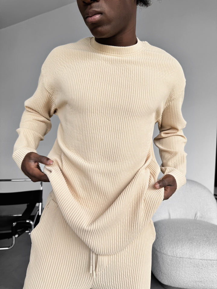 Oversize Ribbed Long Arm T-shirt - Almond Buff