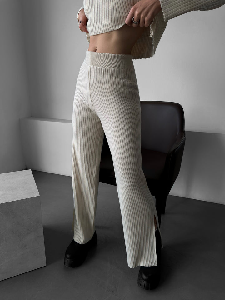 Wide Leg Knit Trousers -Beige