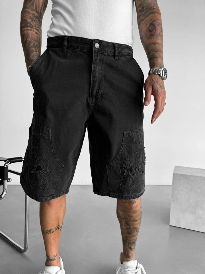 Loose Fit Detail Torn Jeans Shorts - Black