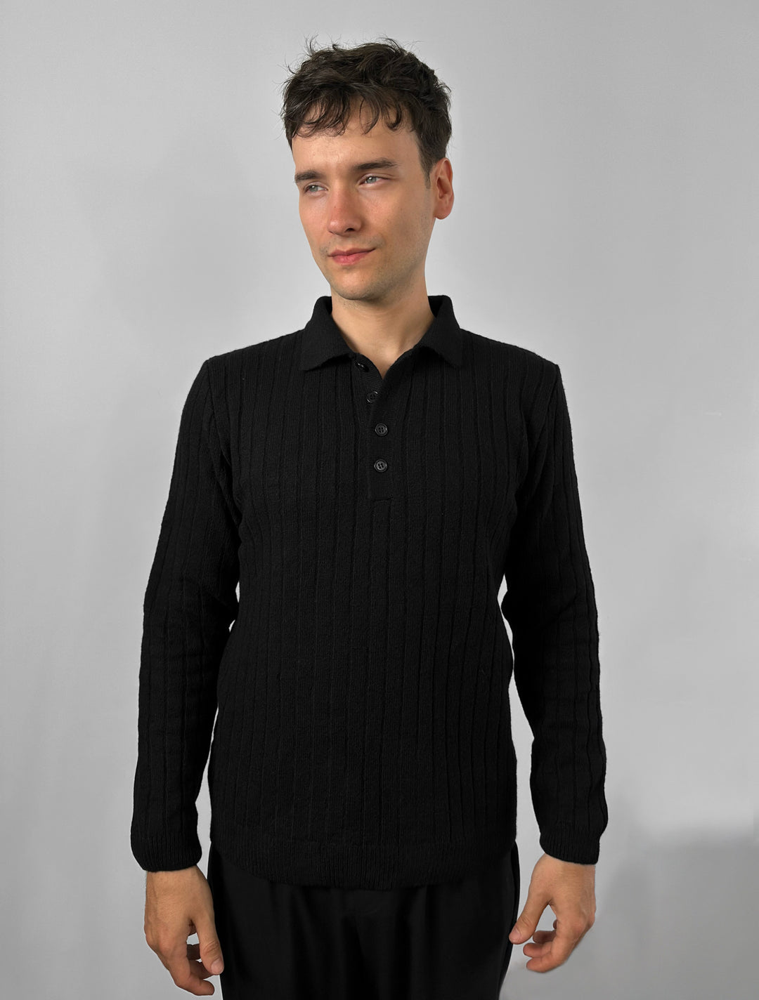 Loose Fit Polo Knit Pullover - Black