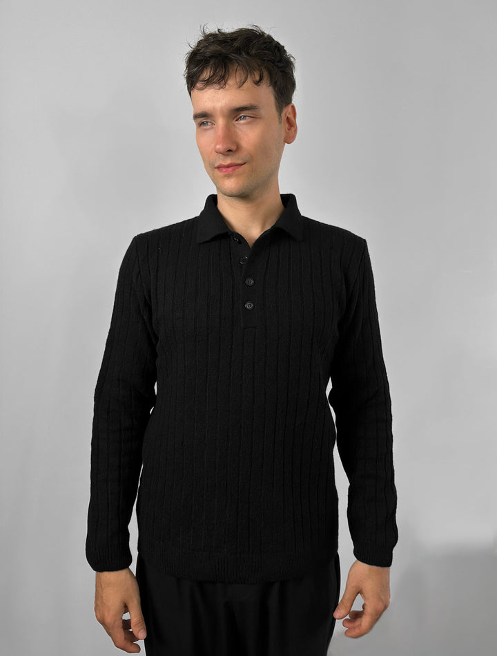 Loose Fit Polo Knit Pullover - Black