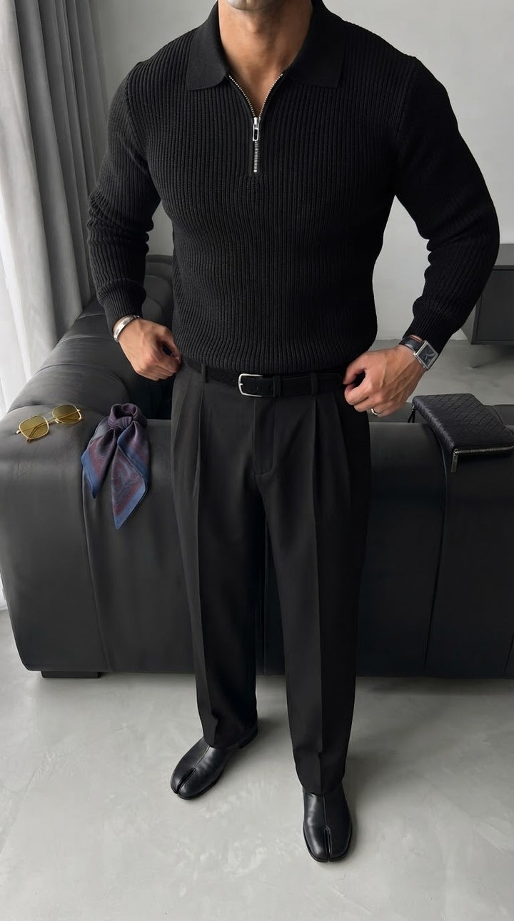 Loose Fit Polo Knit Sweater - Black