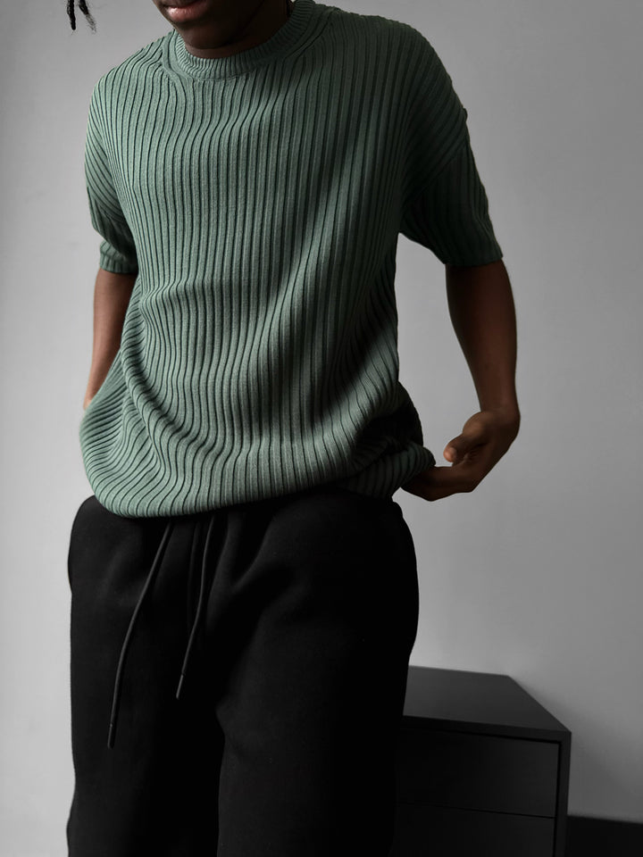 Loose Fit Ribbed Knit T-Shirt - Petrol