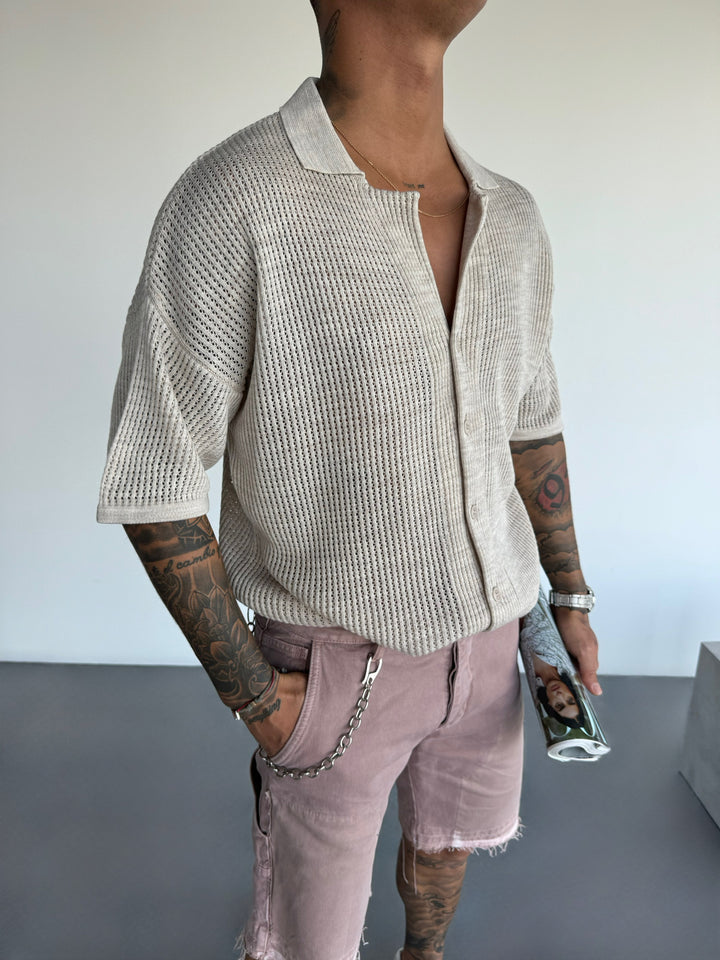 Oversize Grid Knit T-shirt - Beige