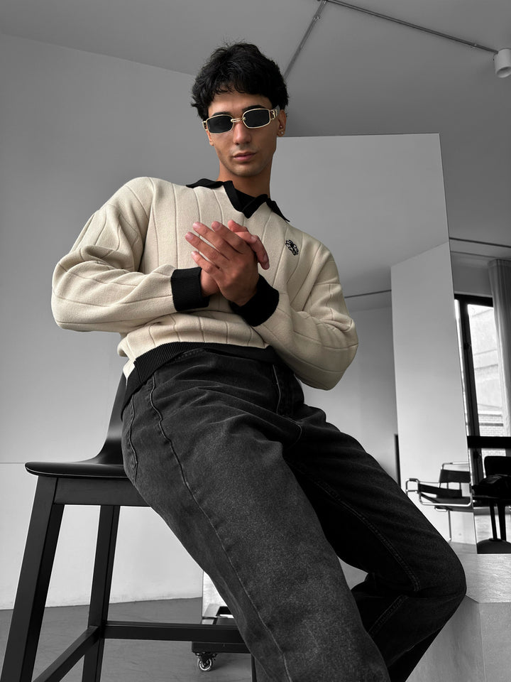 Oversized Embroidered Polo Sweater - Stone