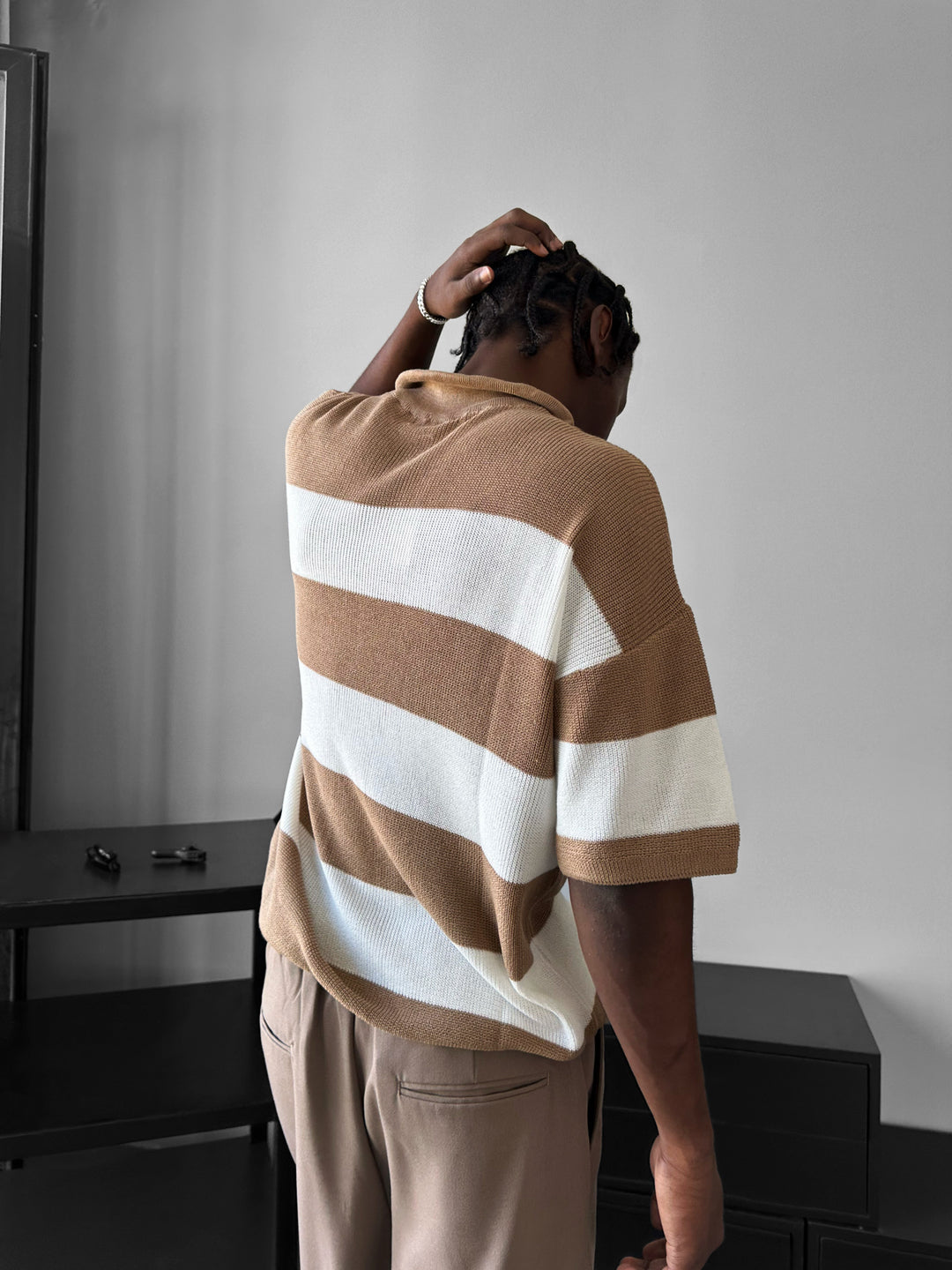 Regular Striped Knit T-shirt - Camel