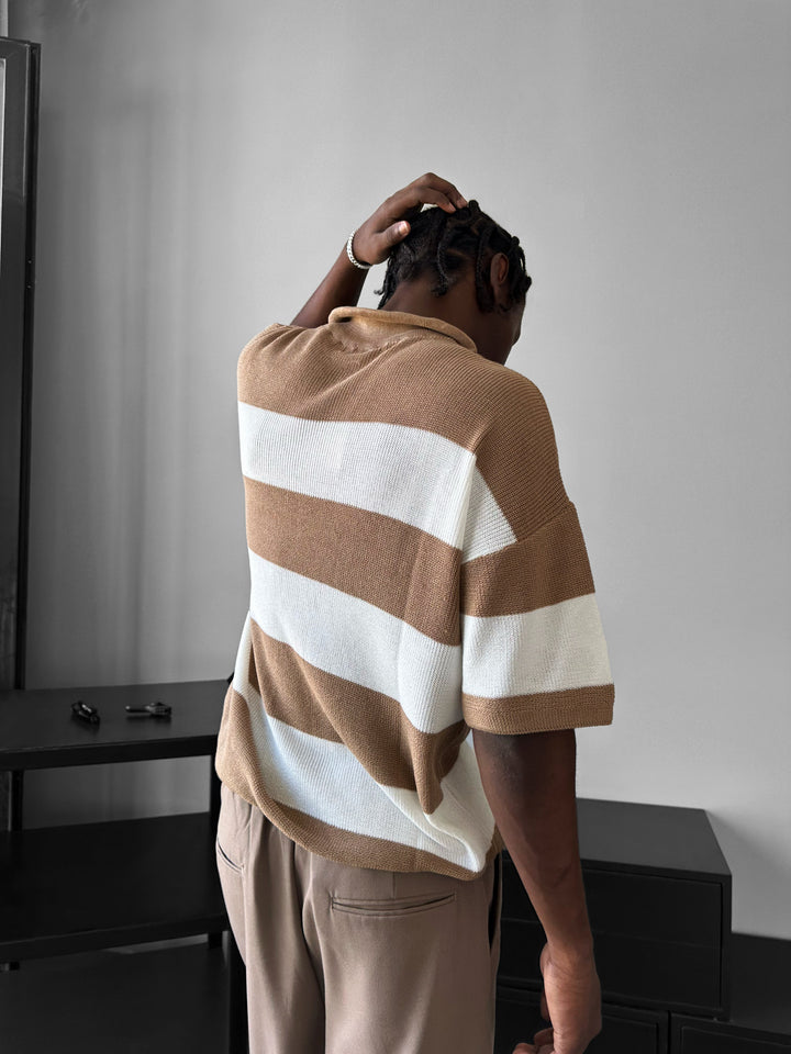 Regular Striped Knit T-shirt - Camel