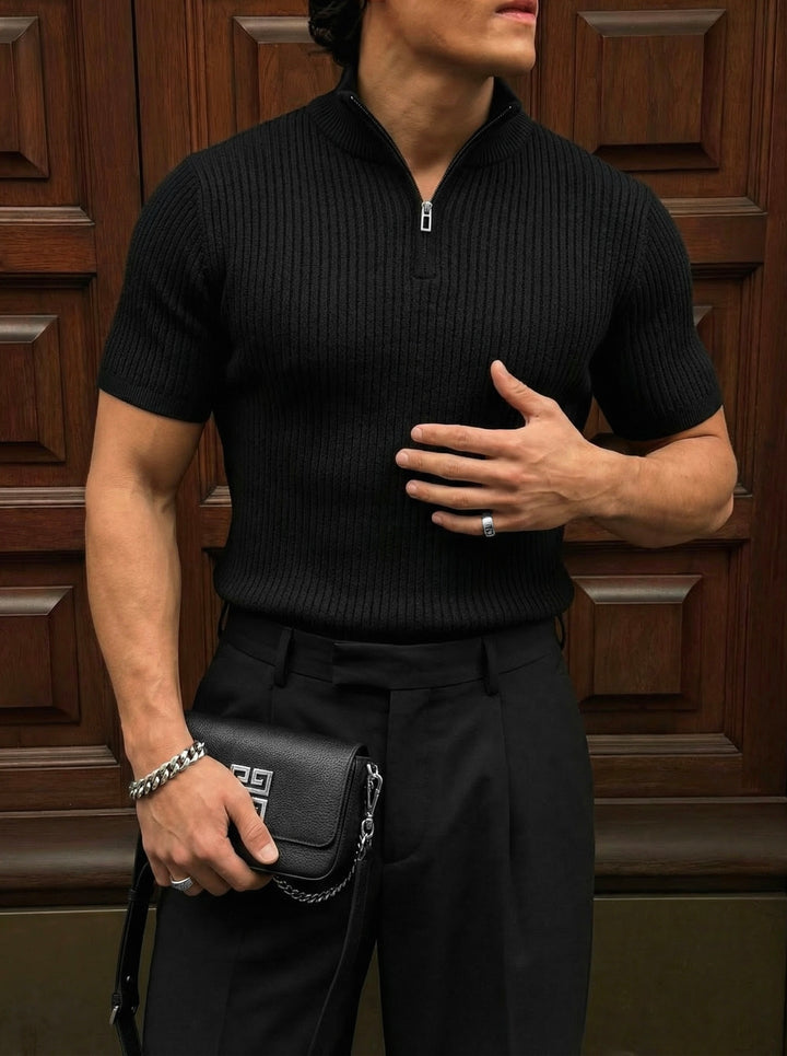 Slim Fit Mock Neck Zip T-shirt - Black
