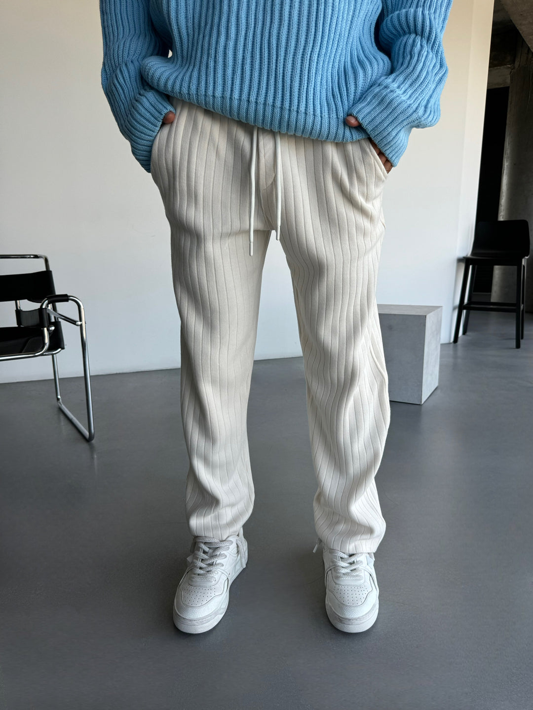 Loose Fit Wide Ribbed Knit Pants - Ecru