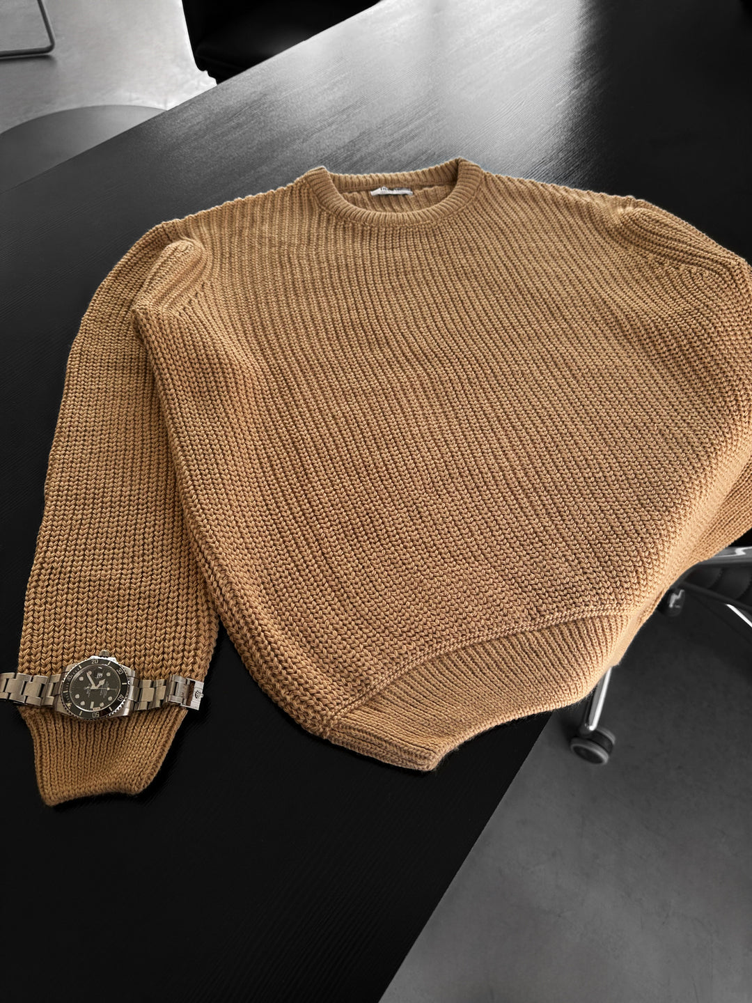 Oversize Structured Knit Sweater - Brown