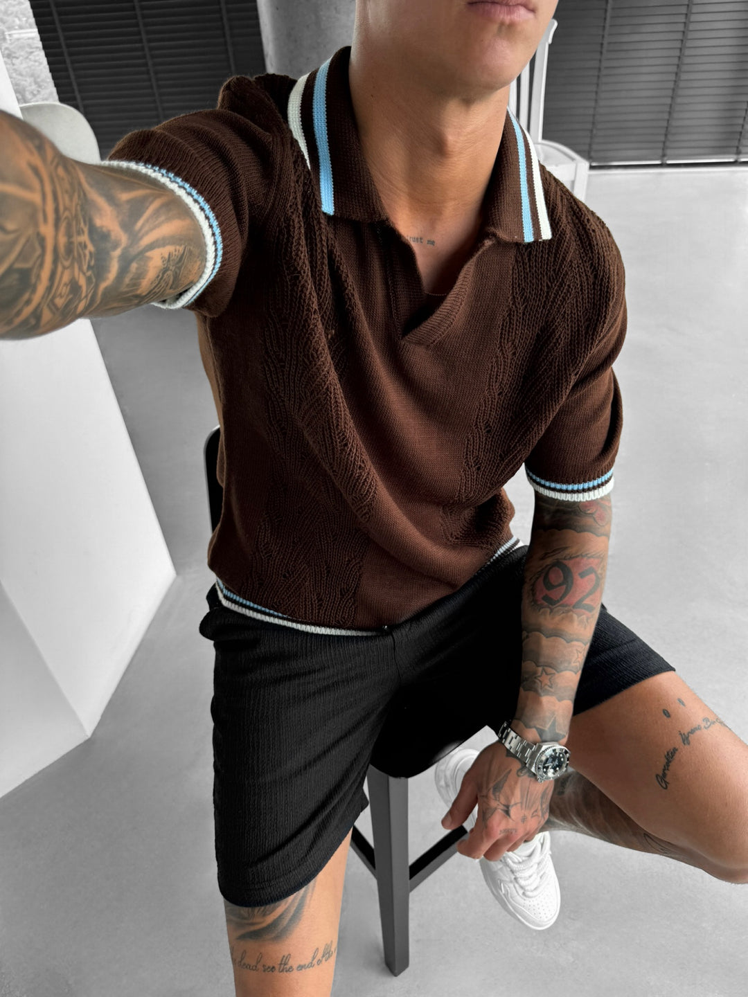 Slim Fit Detail Knit Polo T-Shirt - Brown