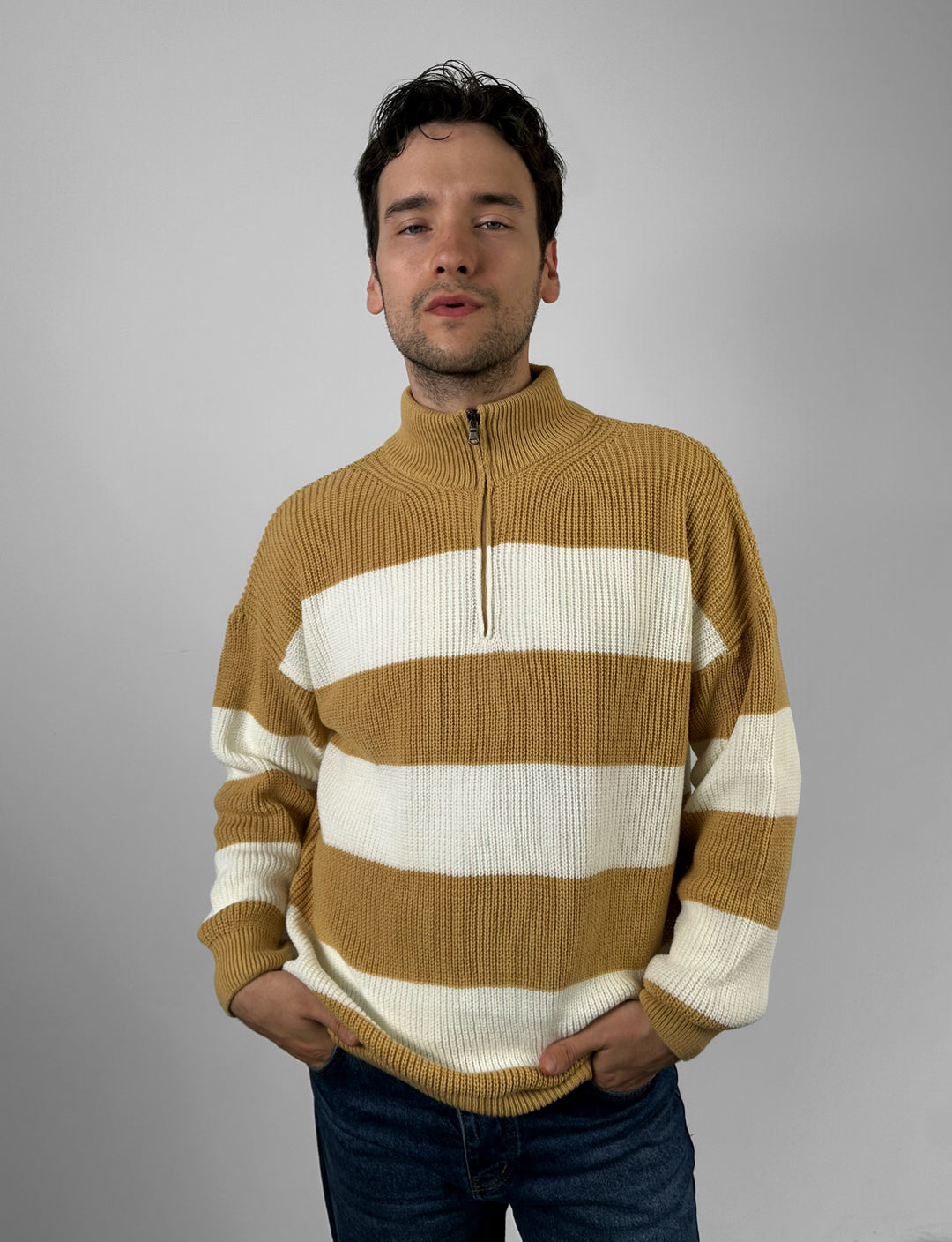 Oversize Zipper Long Pullover - Beige