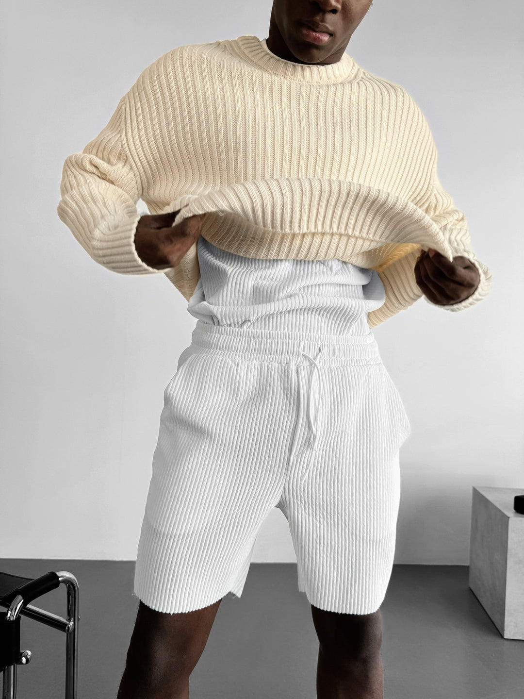 Loose Fit Striped Structure Pullover - Cremé