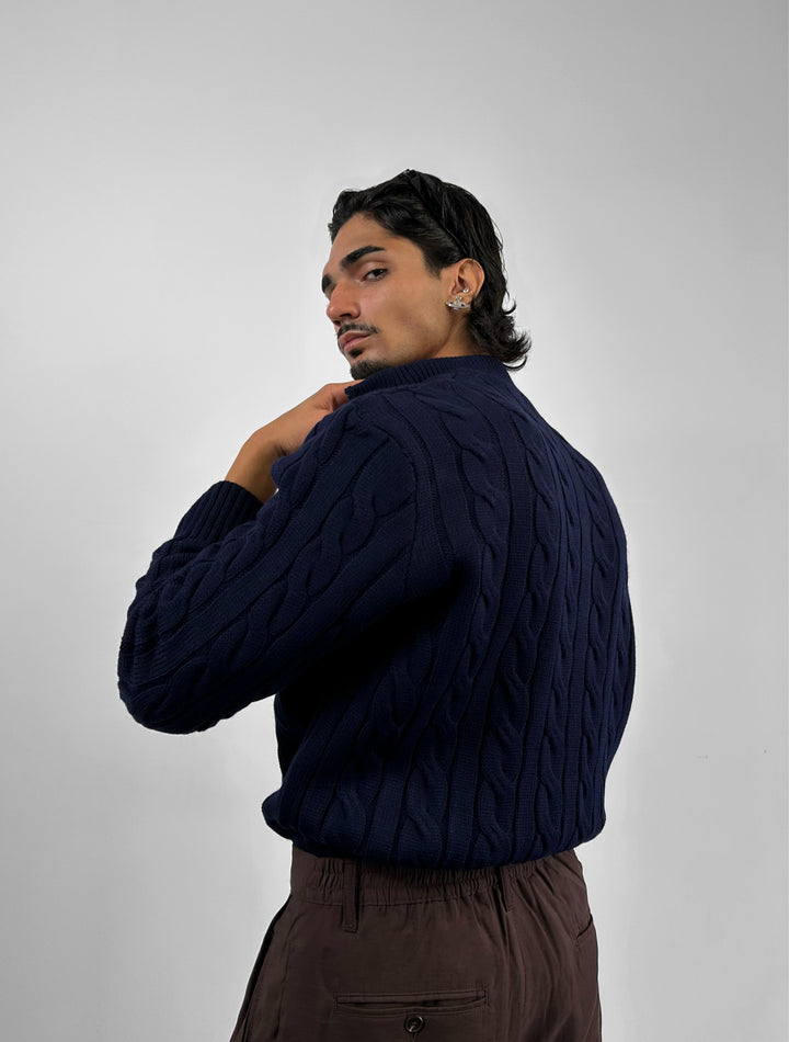 Oversize Collar Braid Pullover - Navy Blue