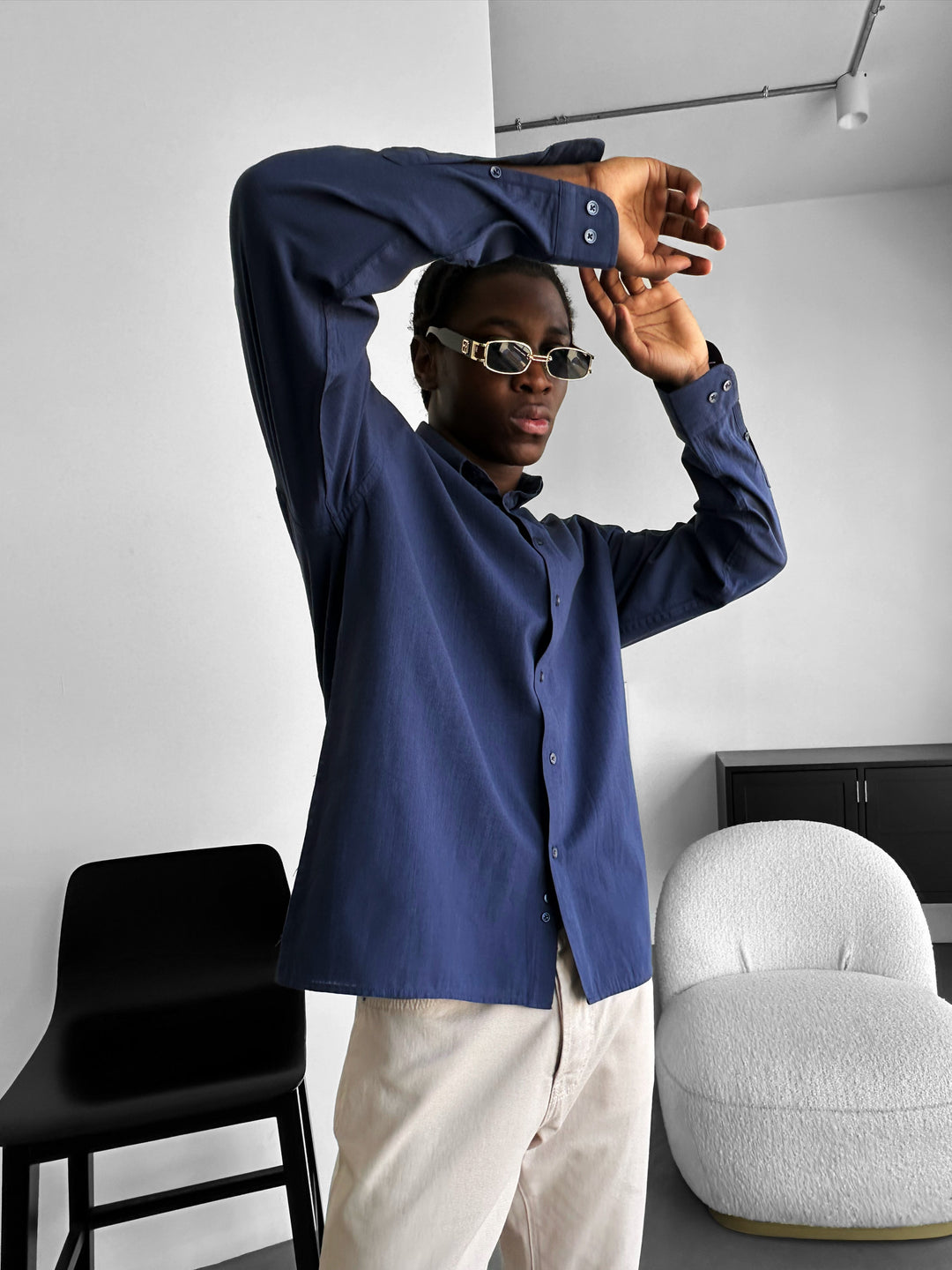 Oversize Cotton Oxford Shirt - Navy Blue