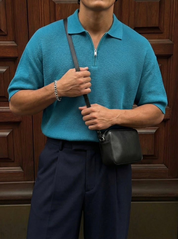 Oversize Zipper Knit Polo T-shirt - Blue