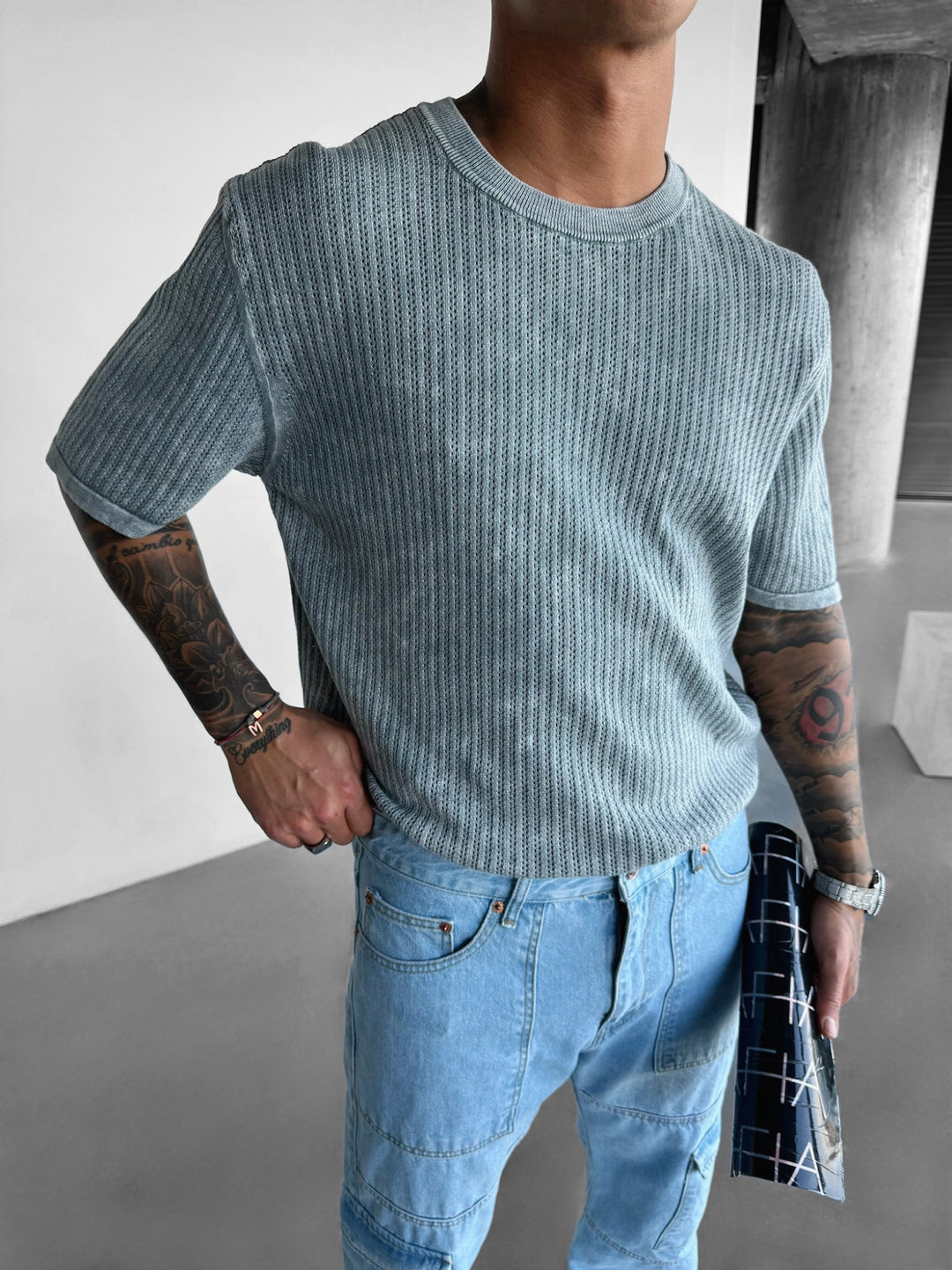 Oversize Knit Washed T-shirt - Grey