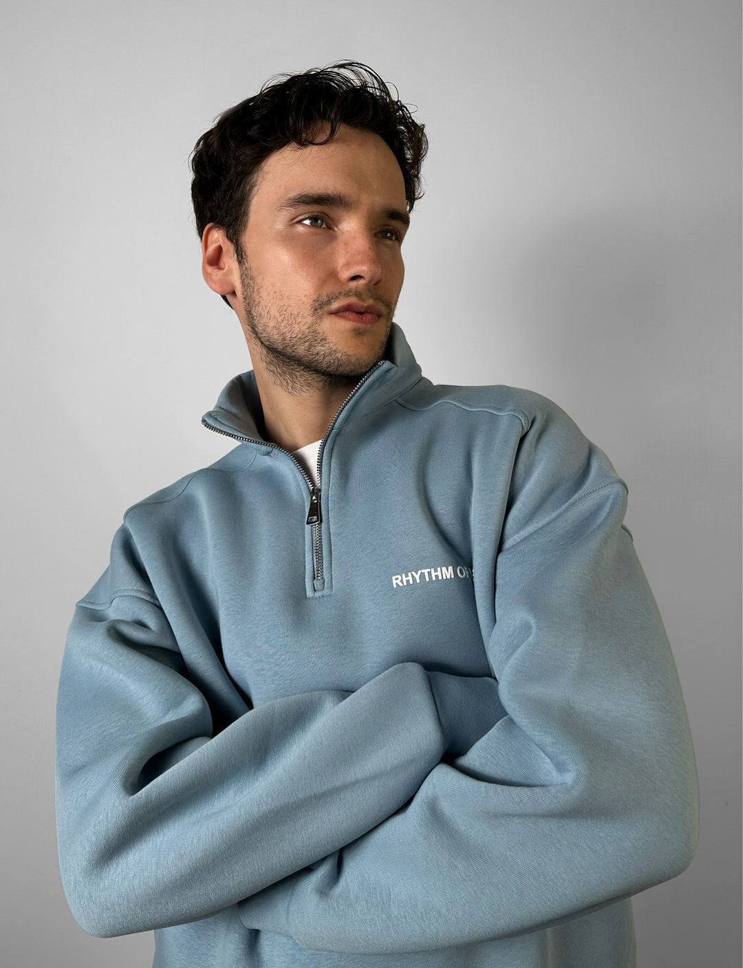 Oversize Half-Zip Motto Sweatshirt - Faded Denim