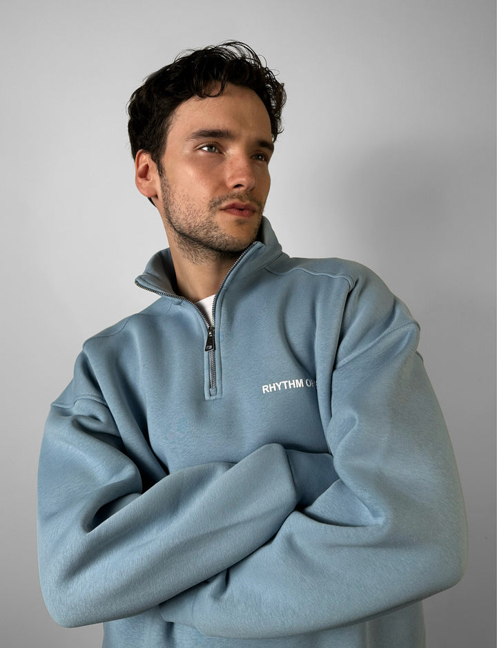 Oversize Half-Zip Motto Sweatshirt - Faded Denim