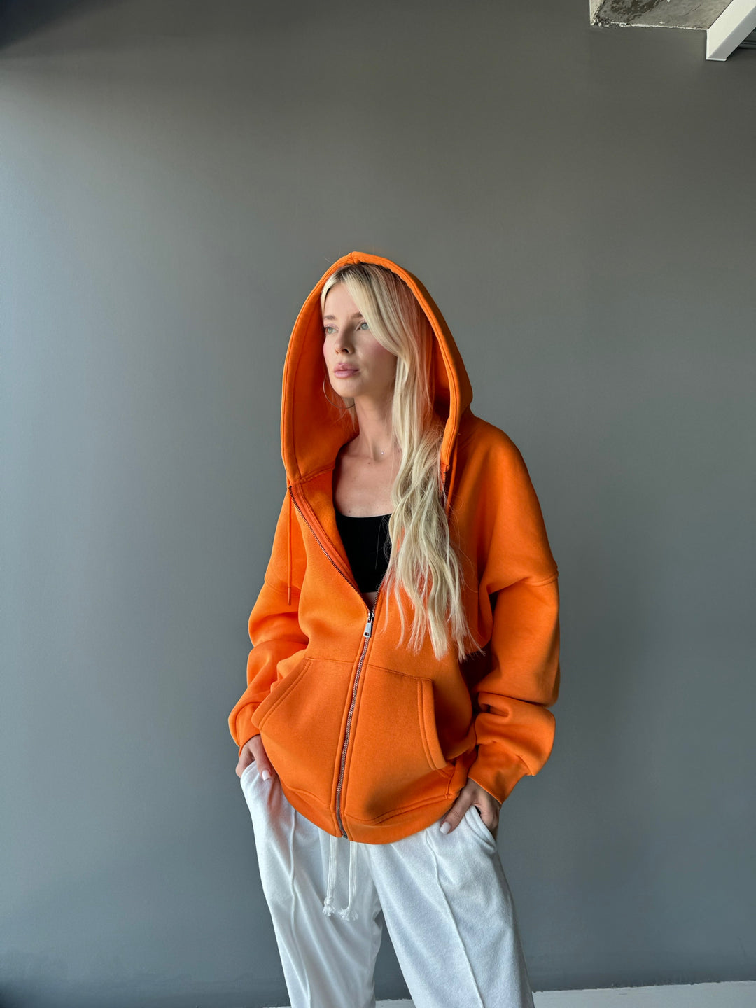 Oversize Basic Zipper Hoodie - Orange