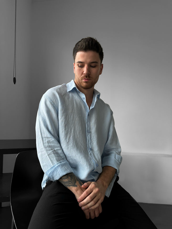 Regular Fit Long Arm Linen Shirt - Blue