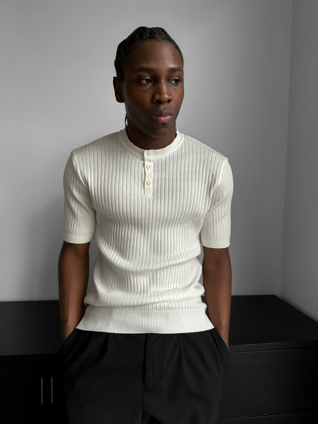 Slim Fit Button Knit T-shirt - Ecru