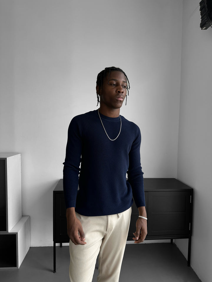 Slim Fit Thin Knit Sweater - Navy Blue