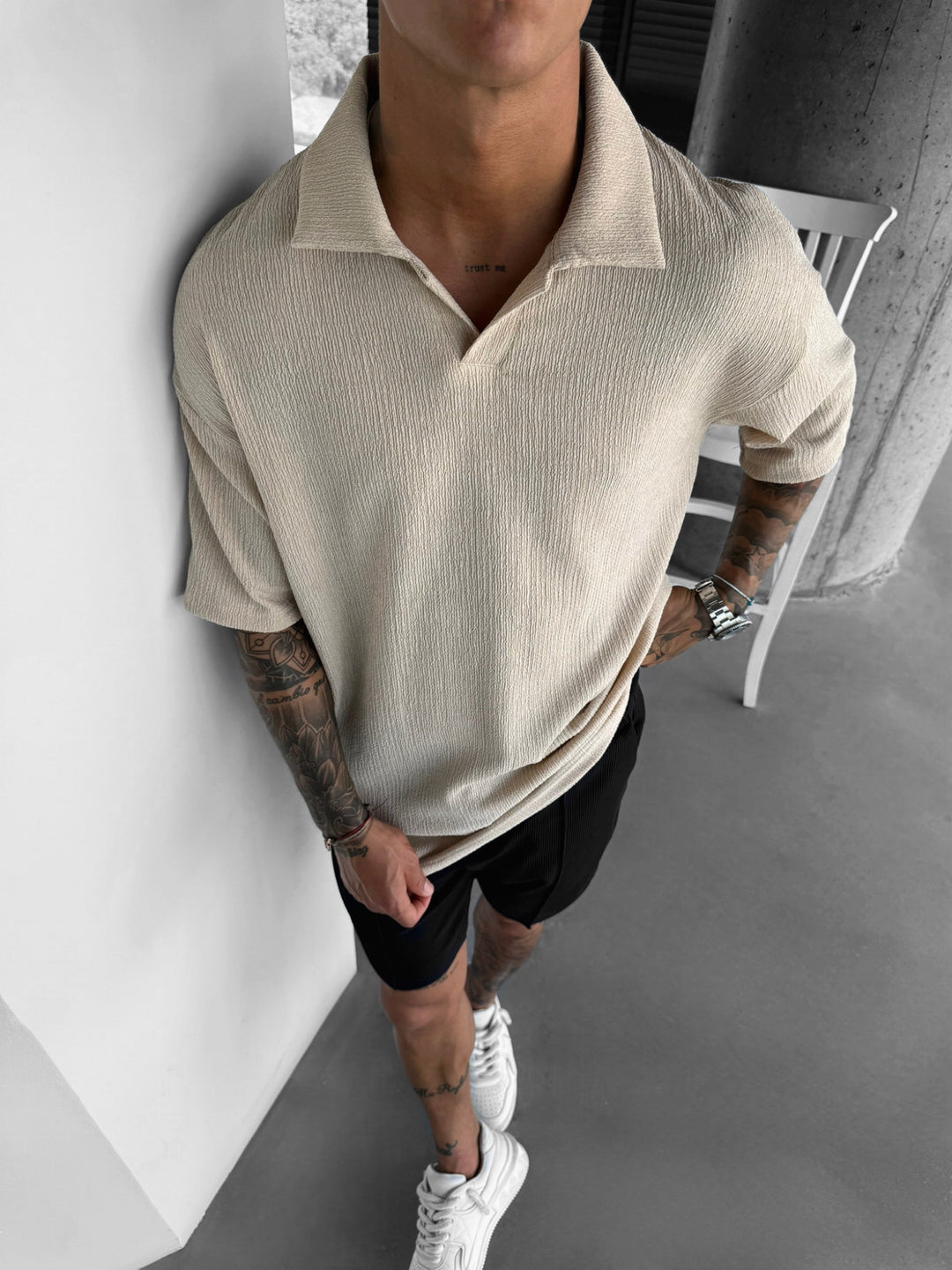 Oversize Crepe Polo T-Shirt - Beige