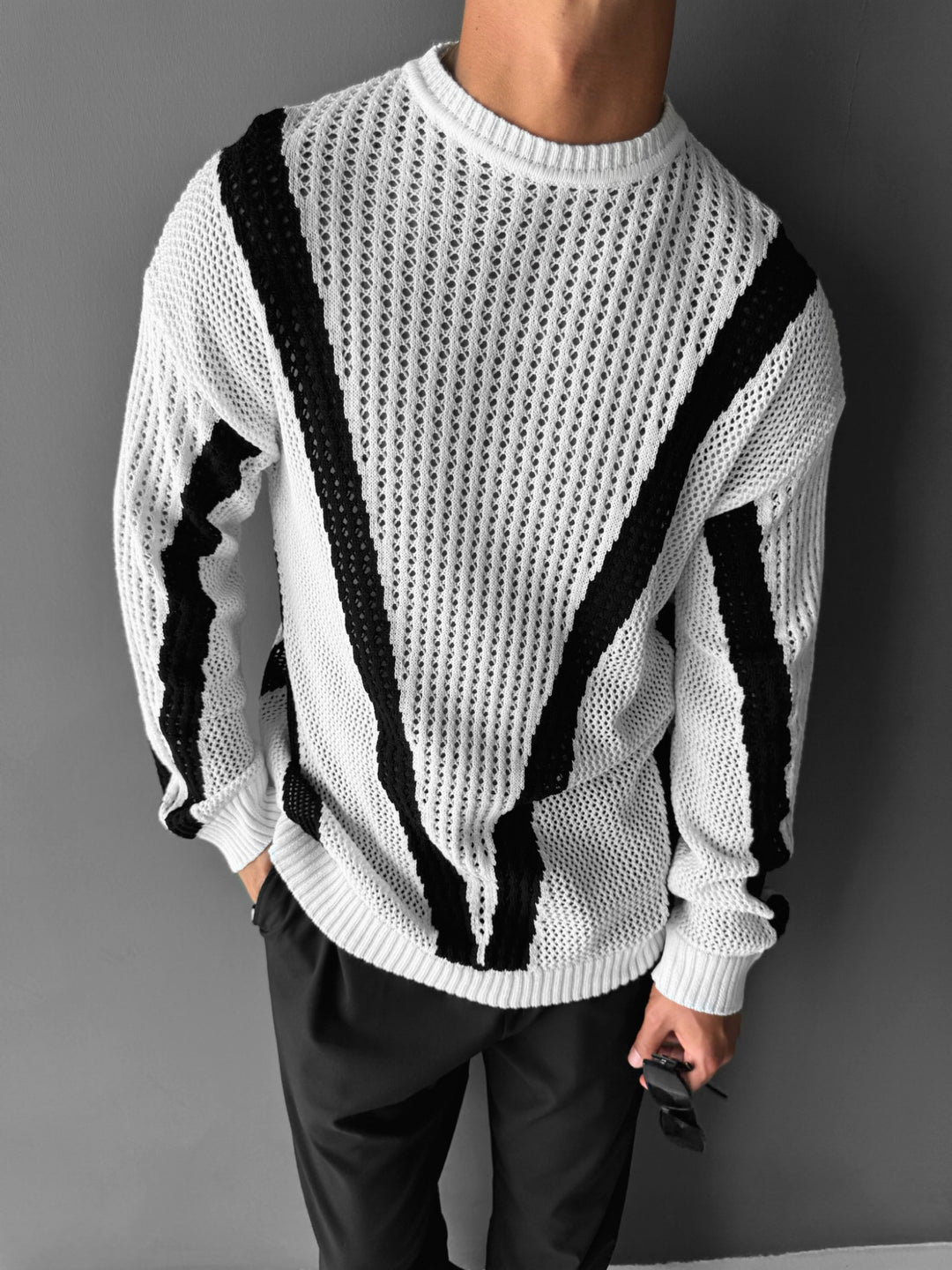 Oversize Line Knit Sweater - White