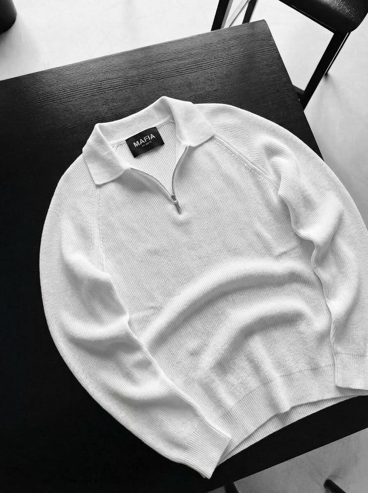 Slim Fit Knit Zipper Polo Sweater - Ecru