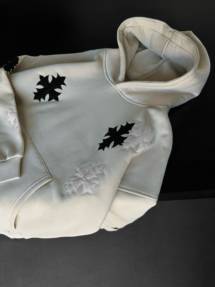 Oversize Gothic Cross Hoodie - Beige