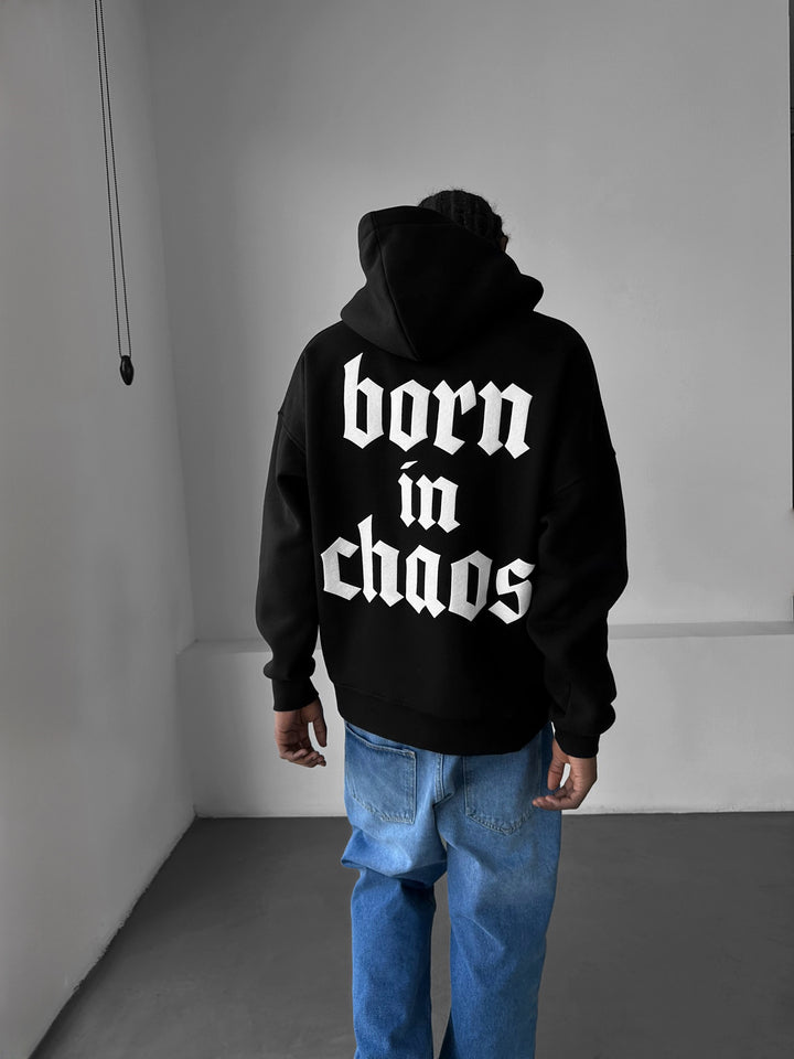 Oversize “Born in Chaos” Hoodie - Black