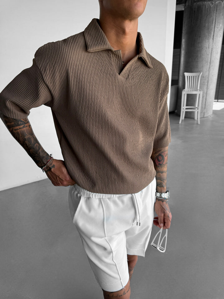 Oversize Ribbed Polo T-Shirt - Brown