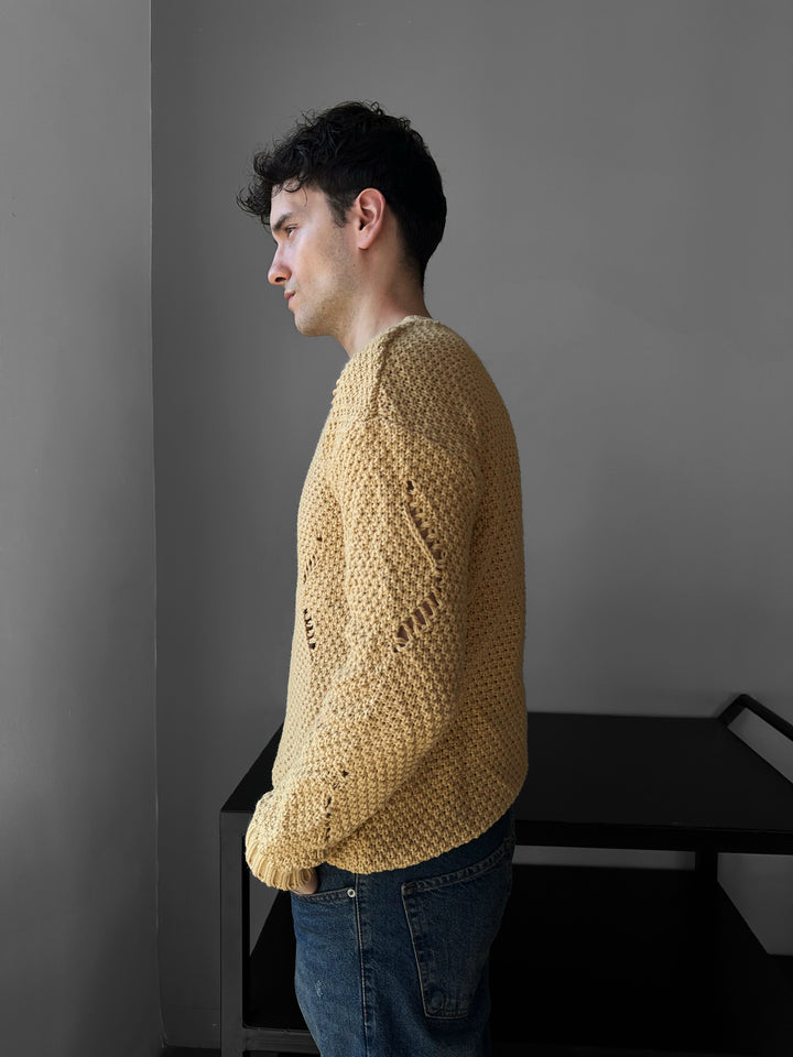 Regular Fit Textured Torn Sweater - Saffron
