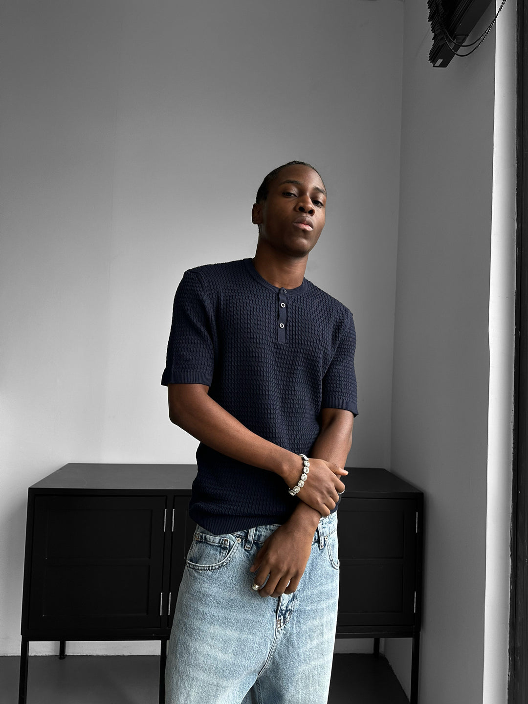 Regular Fit Waffle Button T-shirt - Navy Blue