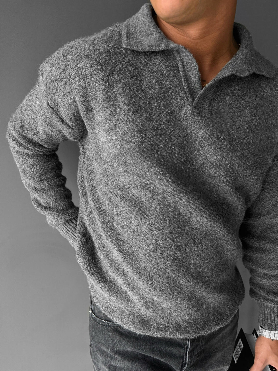 Knit Collar Brushed Pullover - Anthracite