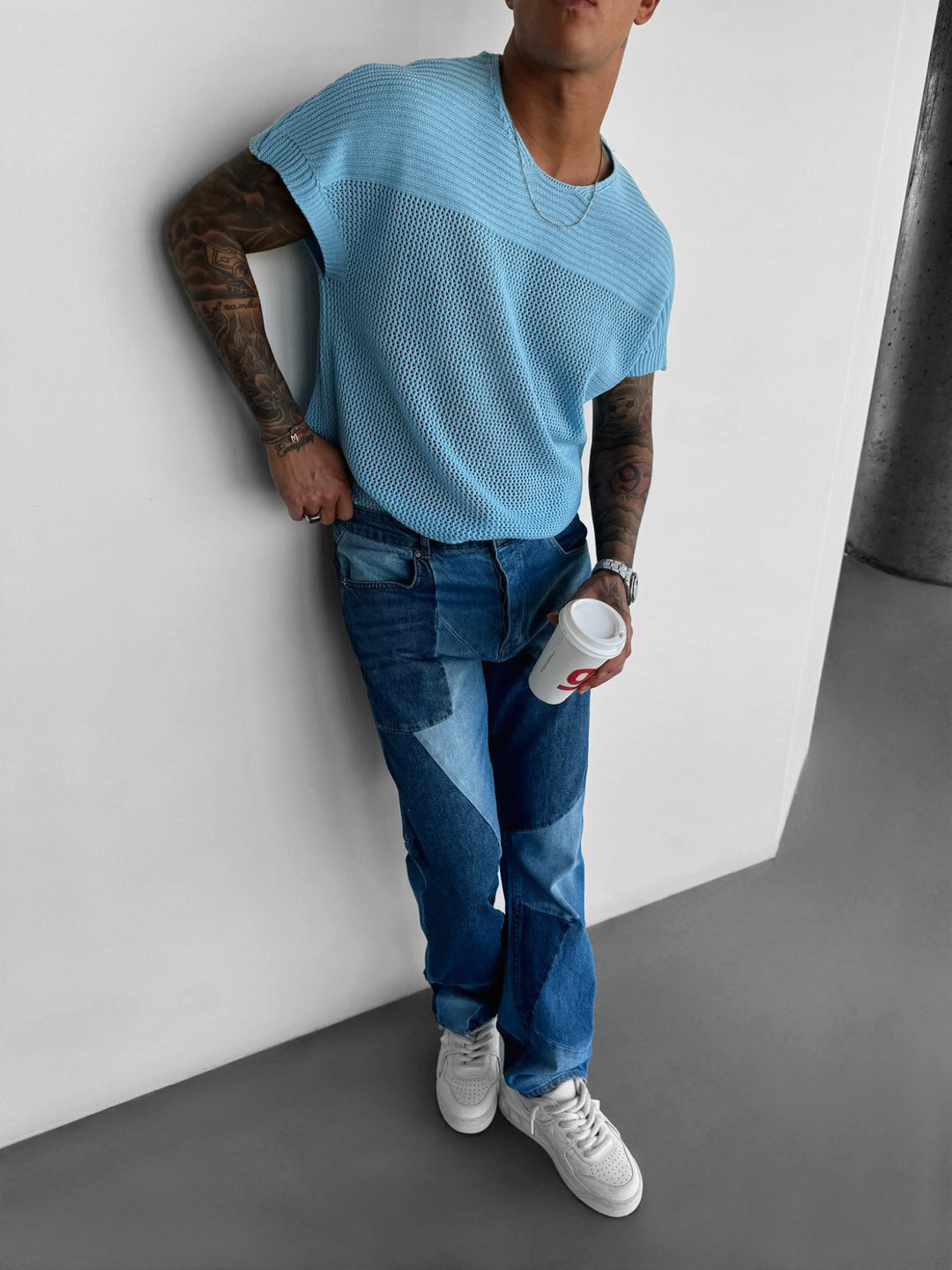 Oversize Textured Knit T-shirt - Babyblue