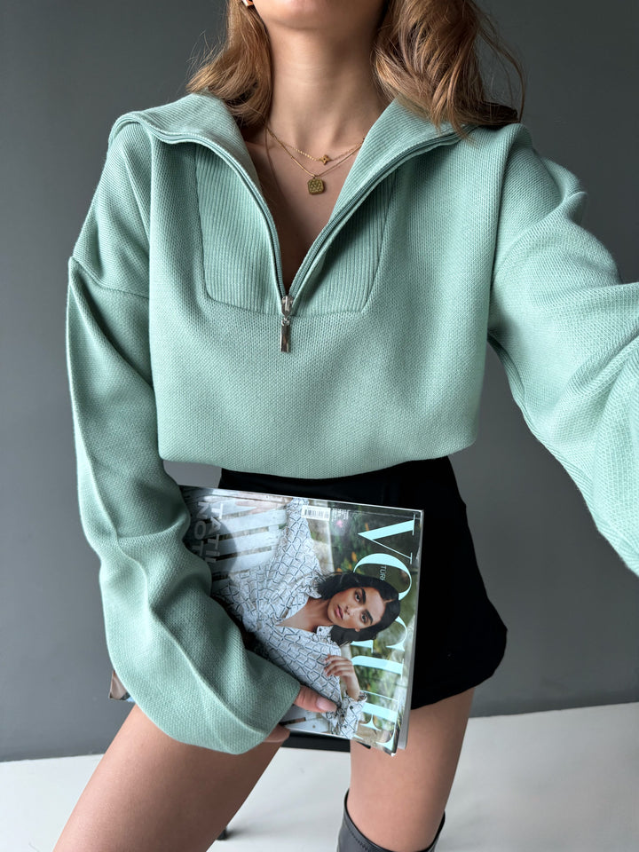 Knit Sweater with Zip - Mint