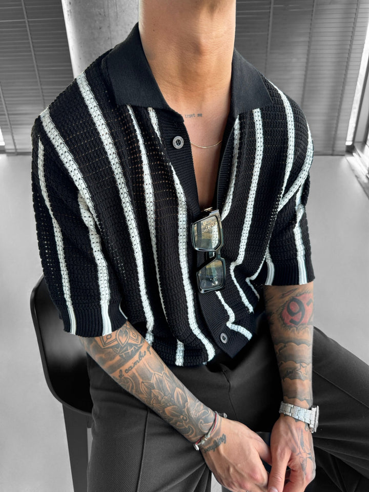 Oversize Knit Lines Shirt - Black and White