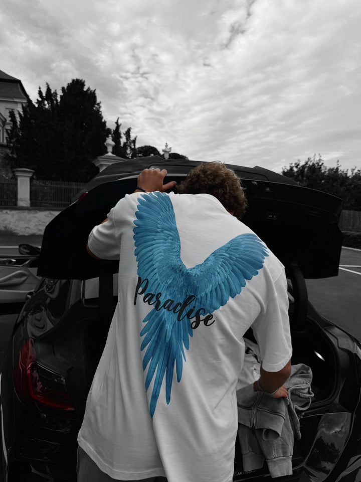 Oversize Parrot Paradise T-shirt - White and Blue