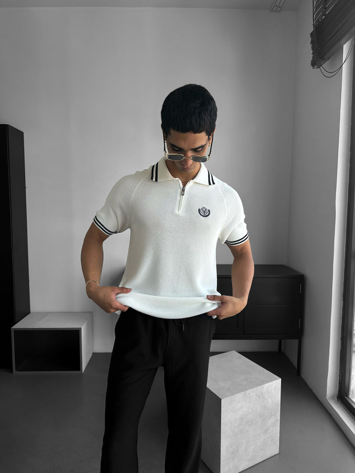 Slim Fit Half-Zip Embroidered Polo T-shirt - Ecru and Black