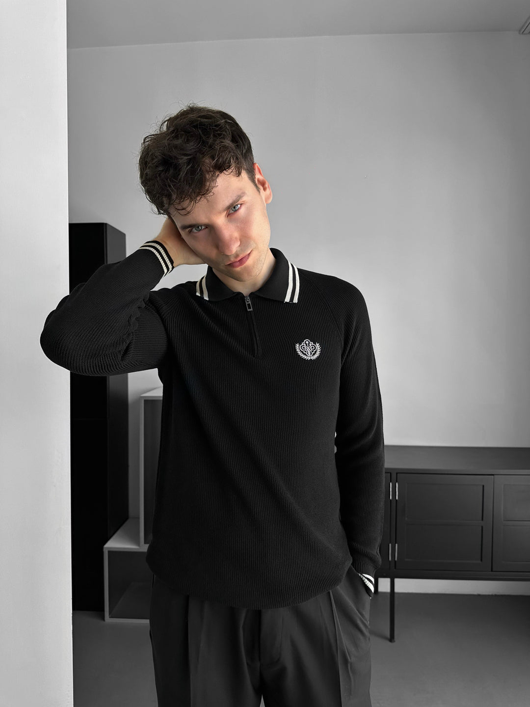Slim Fit Half-Zip Embroidered Polo Sweater - Black