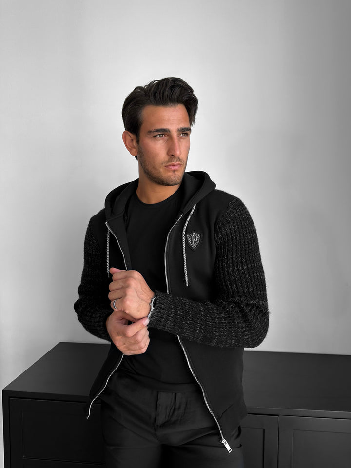 Regular Fit Knit Detail Zip Hoodie - Black