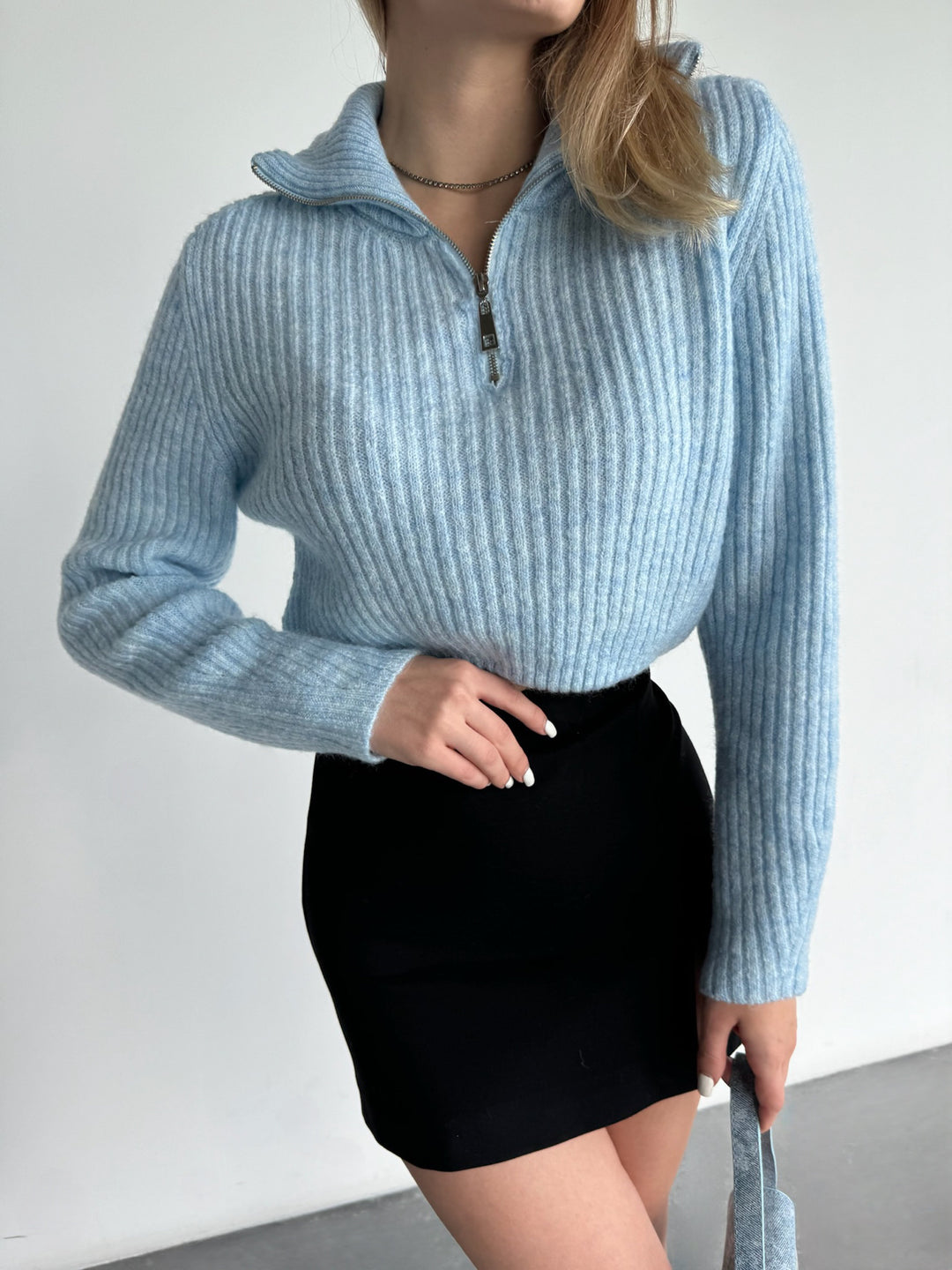Knit Zipper Pullover - Babyblue
