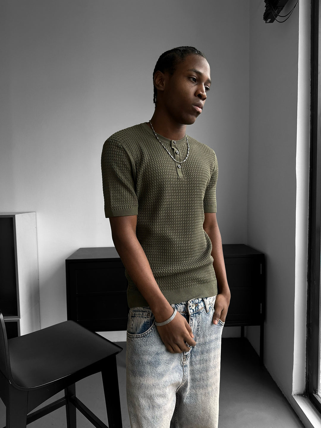 Regular Fit Waffle Button T-shirt - Khaki